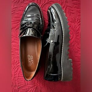 Franco Sarto Cassandra Platform Penny Loafers in Black Patent Leather